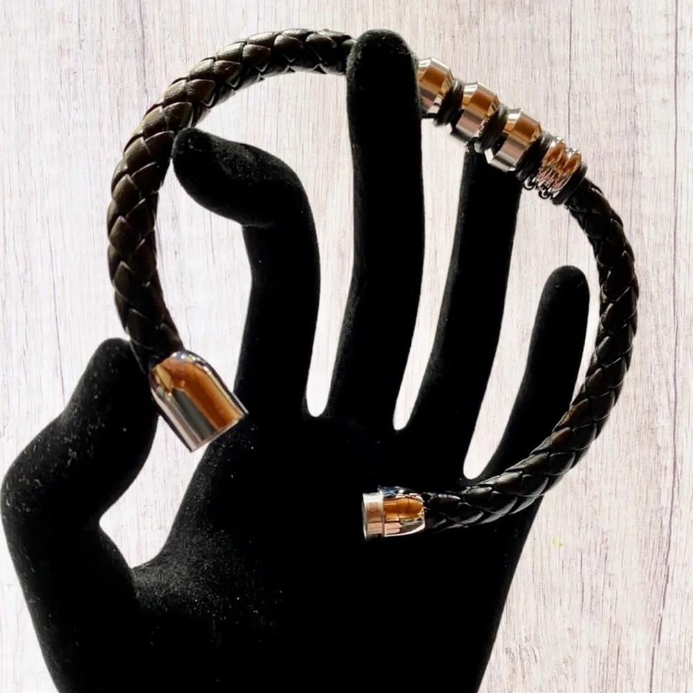 Men’s Braided Leather & Stainless Steel Bracelet – Black | Modern Style